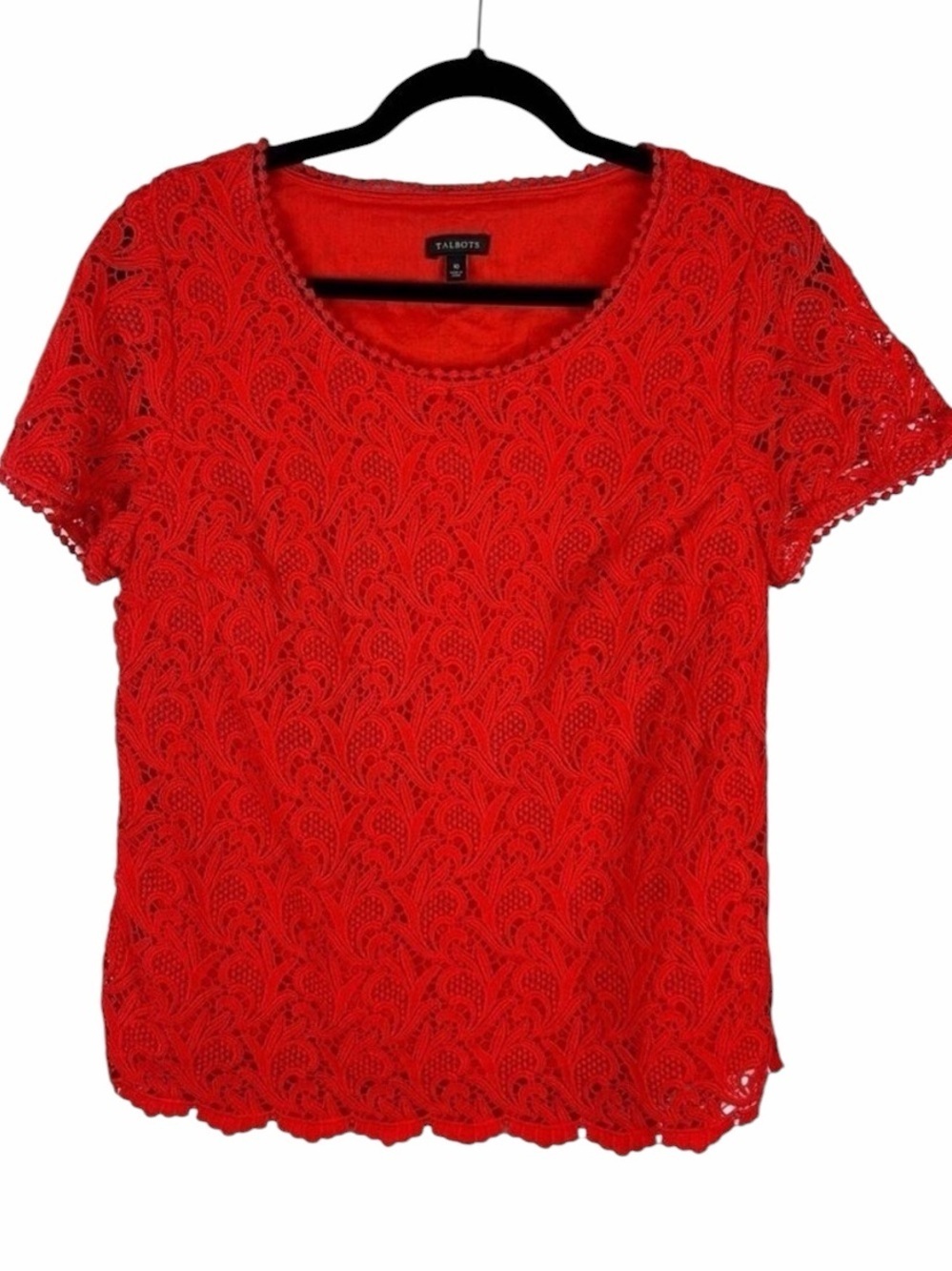 Talbots Lace Crochet Pom Cotton Short Sleeve Top Size 10 Vermilion
